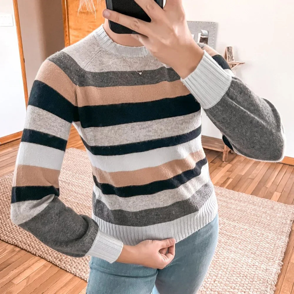 27 Miles Malibu 100% Cashmere Striped Crew Neck Lightweight Designer Sweater XS